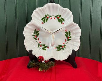 Vintage "All the Trimmings"  Christmas Holly 3 Section Handled Serving Dish - Ribbed and Scalloped Dish with Gold Trim