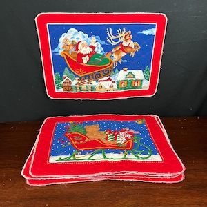 Set of 8 Vintage Christmas Themed Red Trimmed Quilted Table Mats -  6 Teddy Bear Themed Mats and 2 Santa and Reindeer Themed - Hand Crafted