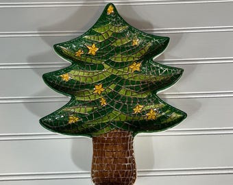 Vintage Italian Ceramic Christmas Tree Dish – Hand Painted Mosaic Design – Holiday Serving Plate