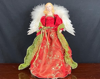 christmas angel in red dress Mid Century Christmas Angel Planter Figurine, Girl Angel, Praying Vintage Angel, Made in Japan, Red Dress, Gold Halo, Wings, Crazing on Back