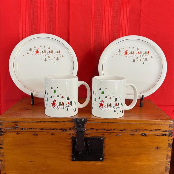 Vintage Waechtersbach West Germany Christmas Plates & Mugs Set – Pre-1990 Santa Sleigh and Trees Holiday Tableware