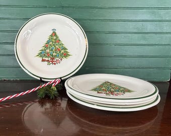 Set van 4 vintage dinerborden voor kerstboom – aardewerk – 10 1/4" – enkele groene band