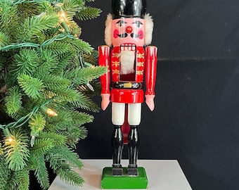 Vintage Wooden Nutcracker Figurine  - Red Coated Soldier with Movable Arms - 13 3/4"