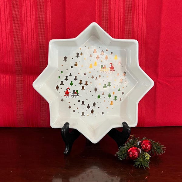 Vintage Waechtersbach West-Duitsland sterschotel – kerstman en bomen van vóór 1990 – 9 1/2" serveerschaal voor de feestdagen