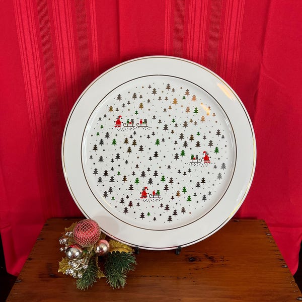 Vintage Waechtersbach West Germany Christmas Charger or Serving Plate – Pre-1990 Santa Sleigh & Trees – 12" Gold Trim Holiday Serving Plate