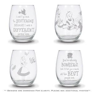 Alice in Wonderland Wine Glasses. Etched 20oz stemless wine glass. Mad Hatter, Merry Unbirthday,  and Alice and Butterflies.