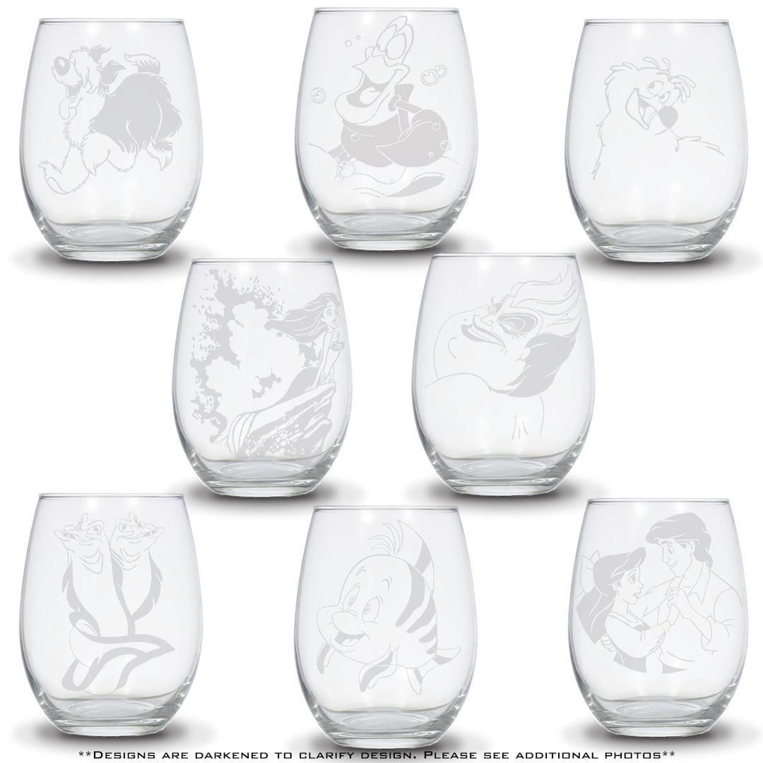 Little Mermaid Wine Glasses. Ariel on Rock, Ursala, Ariel and Eric