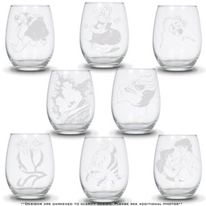 Little Mermaid Wine Glasses. Ariel on Rock, Ursala, Ariel and Eric, Scuttle, Flotsam and Jetsam, Flounder, Max 20oz stemless.
