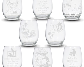 Winnie the Pooh Stemless Wine Glass 20.5oz. Tiger + Pooh, Pooh w/Honey Pots, Marching Pooh Characters, Heffalump, and Pooh w/umbrella,