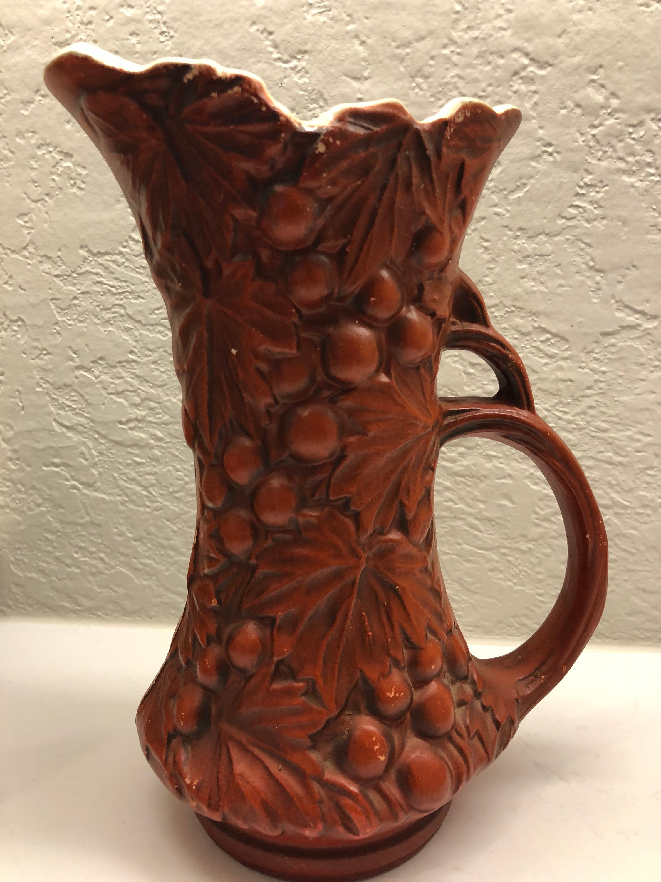 Vintage Mccoy Pottery #616 Red Finish Grape Pitcher Vase 9.25