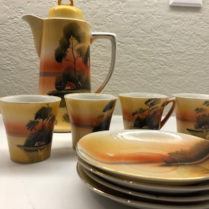Japanisches Handbemalter Kaffee Tee Set mit 4 Tassen & Untertassen Teekanne Vintage