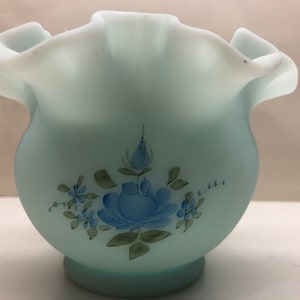 Fenton Blue Roses On Satin Blue Finish Double Crimped Vase Signed A Mason