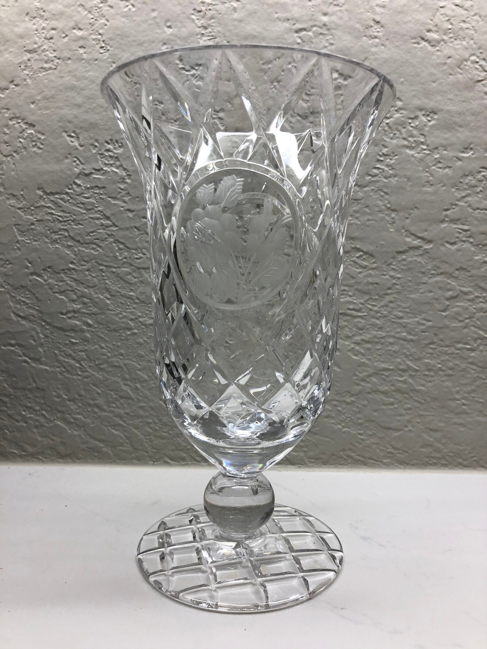 Vintage Footed Crystal Vase Clear Glass Frosted Flowers Etsy UK