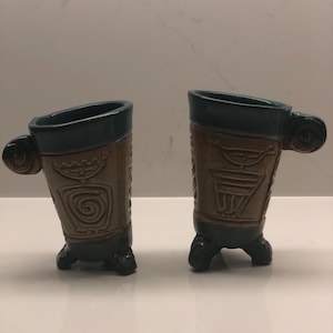 Aztekiska Maya espressokoppar studiokeramikpar läs beskrivning