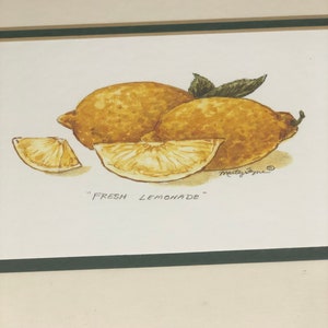 Könnte beinhalten: Ein Aquarellbild von Zitronen mit dem Text "FRESH LEMONADE" und der Unterschrift des Künstlers "Matty Jayne".