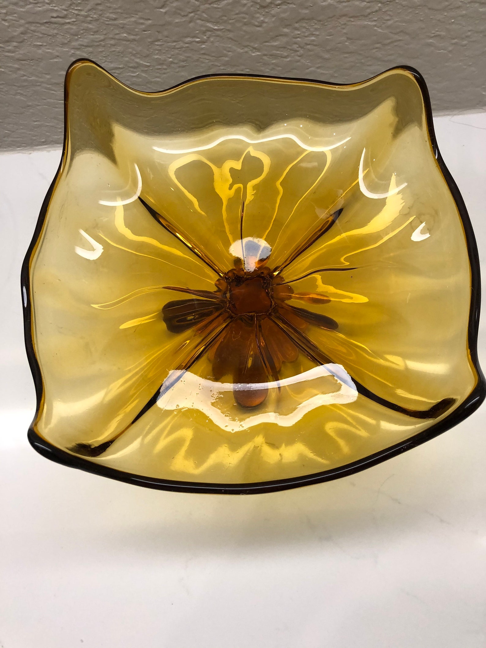 Vintage Viking Art Glass Yellow 10diameter 4 Sided Compote Pedestal