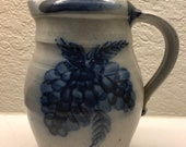 1991 6 Tall - Rowe Pottery Works Blue Salt Glazed Pitcher or Vase grapes Rare