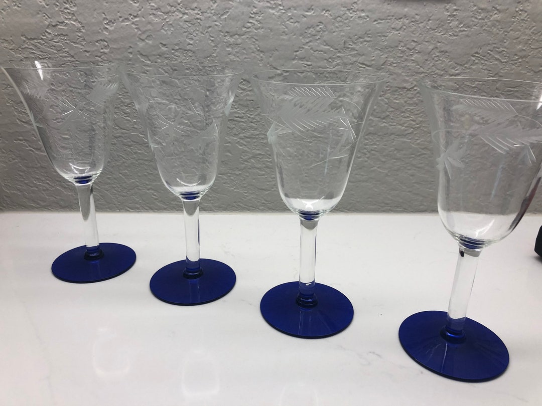 Weston Leaf Etched Cordial Stemware With Cobalt Blue Base Set Etsy