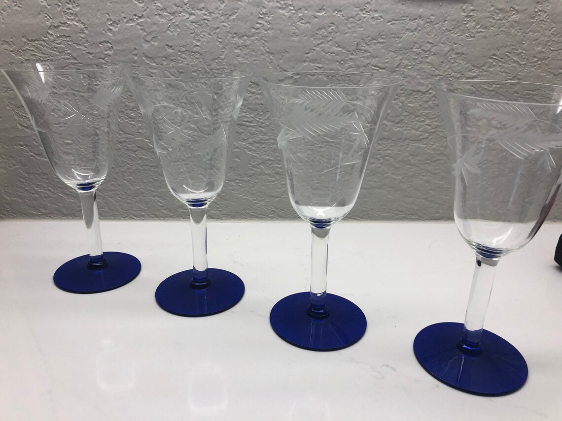 Weston Leaf Etched Cordial Stemware With Cobalt Blue Base Set Etsy