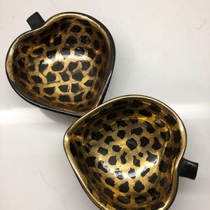Pair of trinket dishes pottery signed black gold leaves