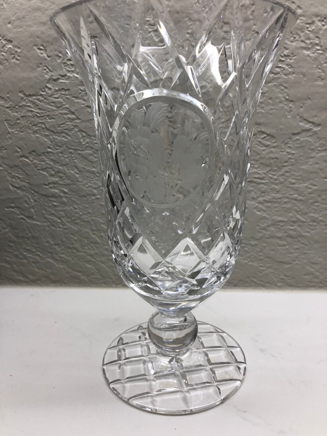 Vintage Footed Crystal Vase Clear Glass Frosted Flowers Etsy UK