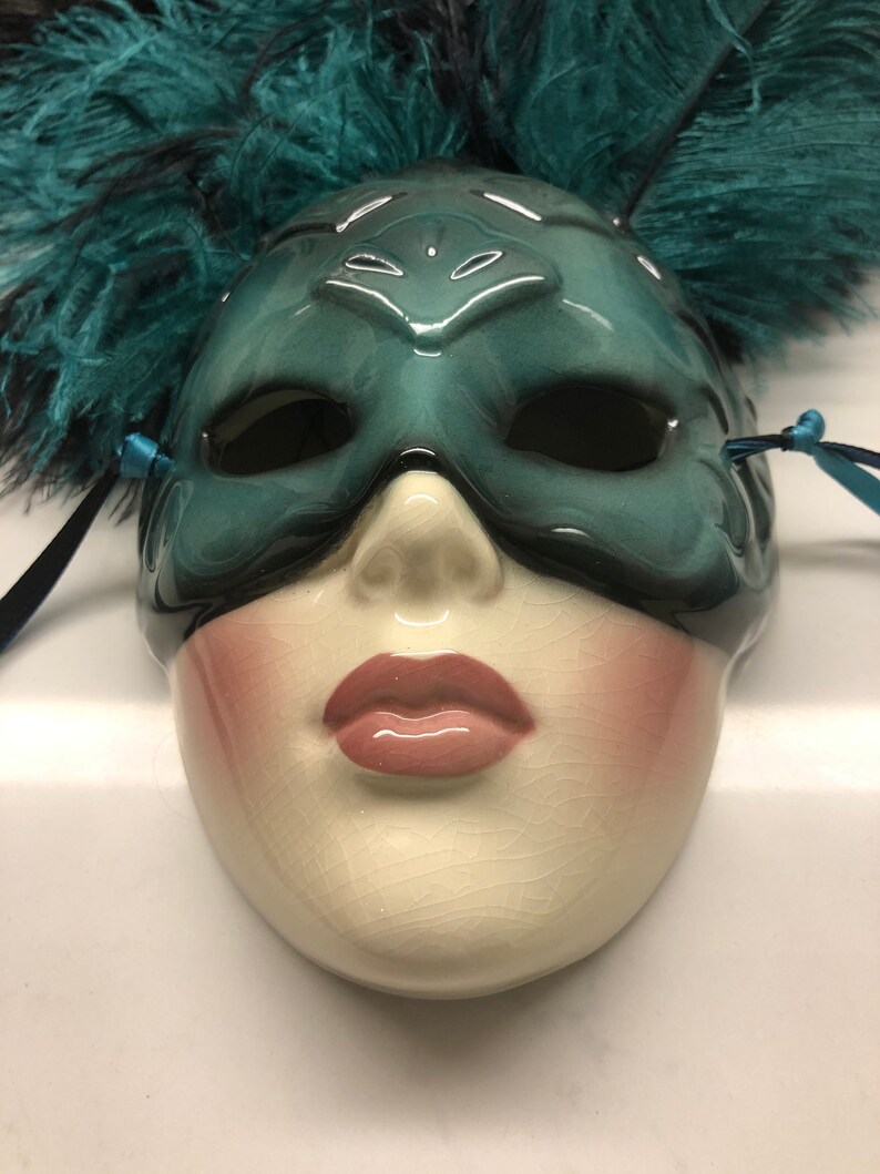 Authentic Masquerade Ceramic Full Face Feather Mask Vintage Made in USA