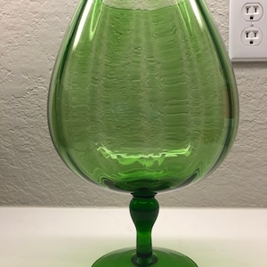 MCM Large Green Italian Empoli Optic Ribbed Art Glass Pedestal Bowl Vase Snifter
