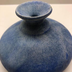 Hand thrown blue bud vase mate glaze accents decor studio pottery signed