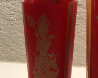 8 Vintage Culver Red Gold Siam Thai Goddess High Ball Glasses Tumblers 1960s