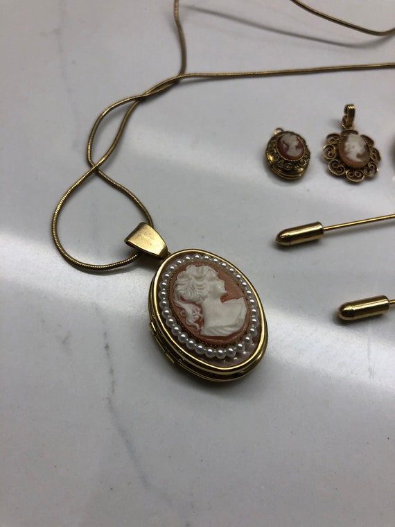 Vintage cameo lot necklace pendant pins gold tone… - image 5