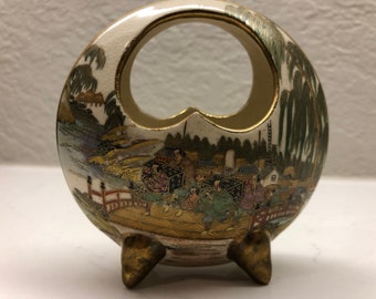satsuma japanese miniature moon vase basket hand painted gold gild