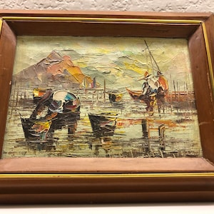 Antique small painting oil on canvas village fishing boat