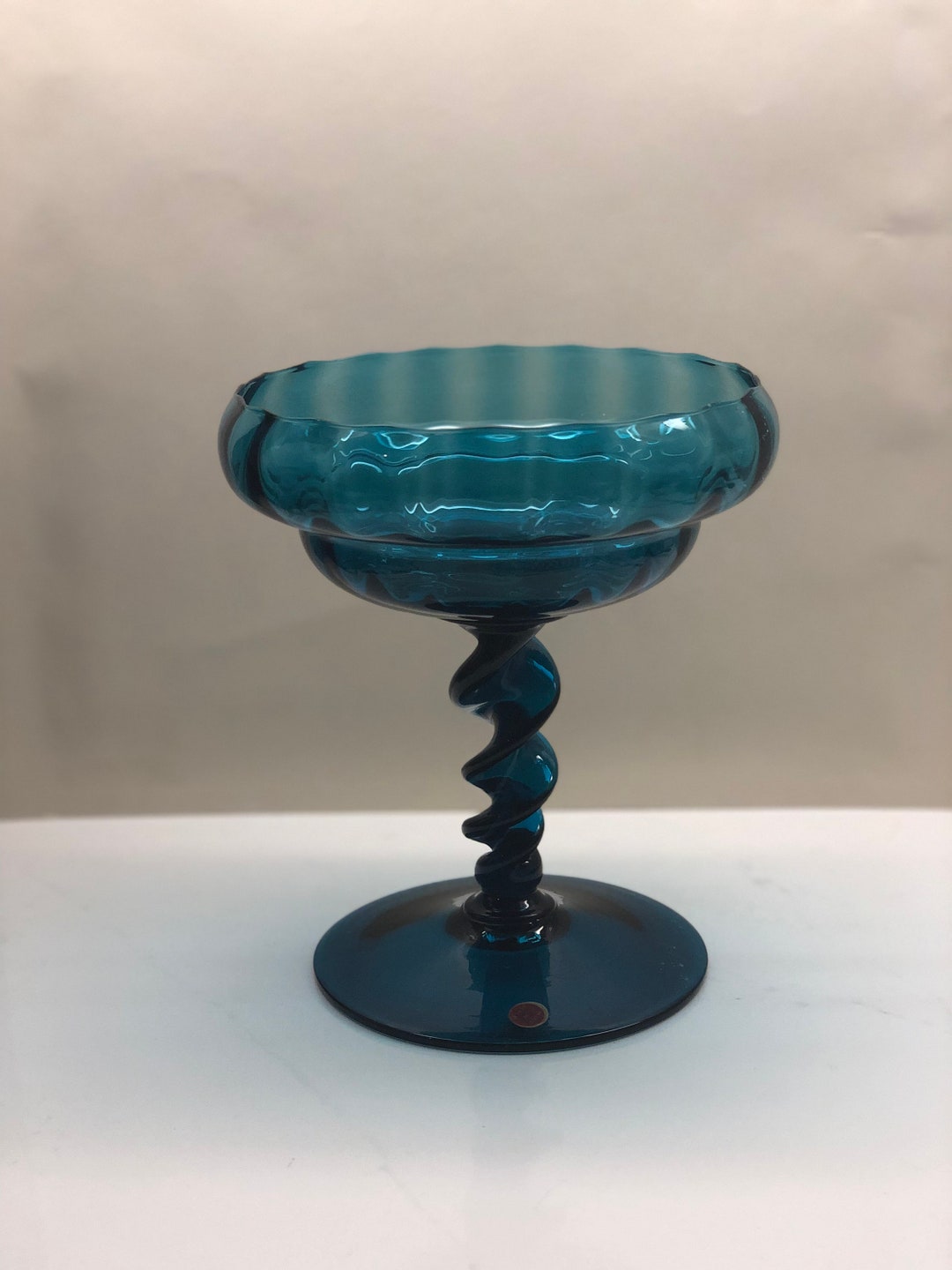 MCM Mid Century Blue Optic Art Glass Compote Twisted Stem Bowl Etsy