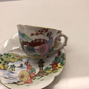 Kutani  Eggshell Porcelain Demitasse Tea Cup & Saucer Geisha
