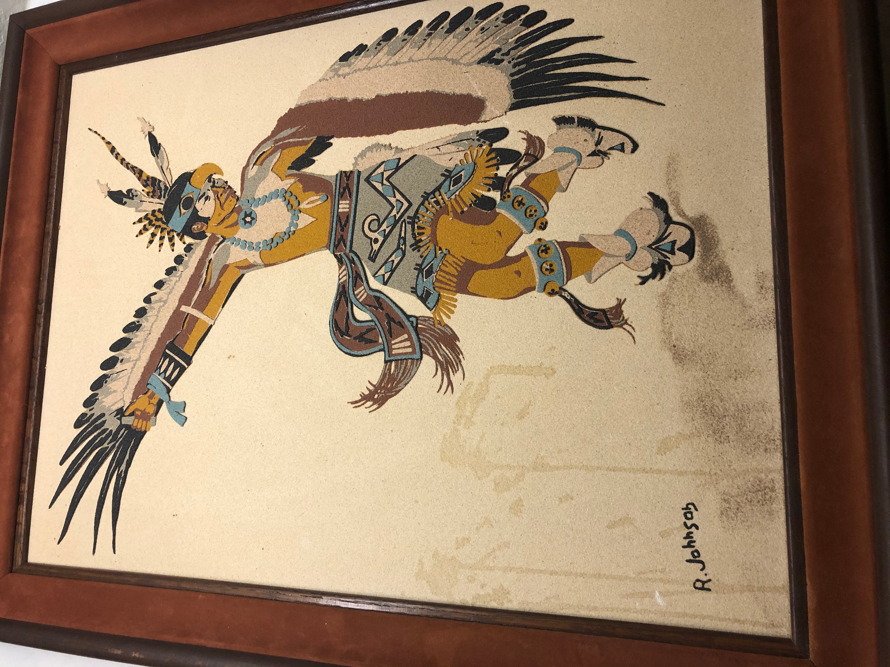 ネイティブアメリカン 砂画 ネイティブアメリカンの砂絵、イーグルダンス、署名 R. ジョンソン