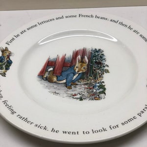 Könnte beinhalten: Ein weißer Teller aus Keramik mit einer blauen und braunen Illustration eines Kaninchens. Der Teller hat einen schwarzen Rand mit dem Text "First he ate some lettuces and some French beans; and then he ate some feeling rather sick. he went to look for some pars".