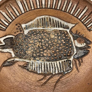 Michael Schlyer flat earth studio pottery signed vintage platter plate , fish accents
