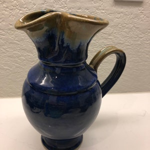 Signed studio pottery pitcher glazed blue unknown like new