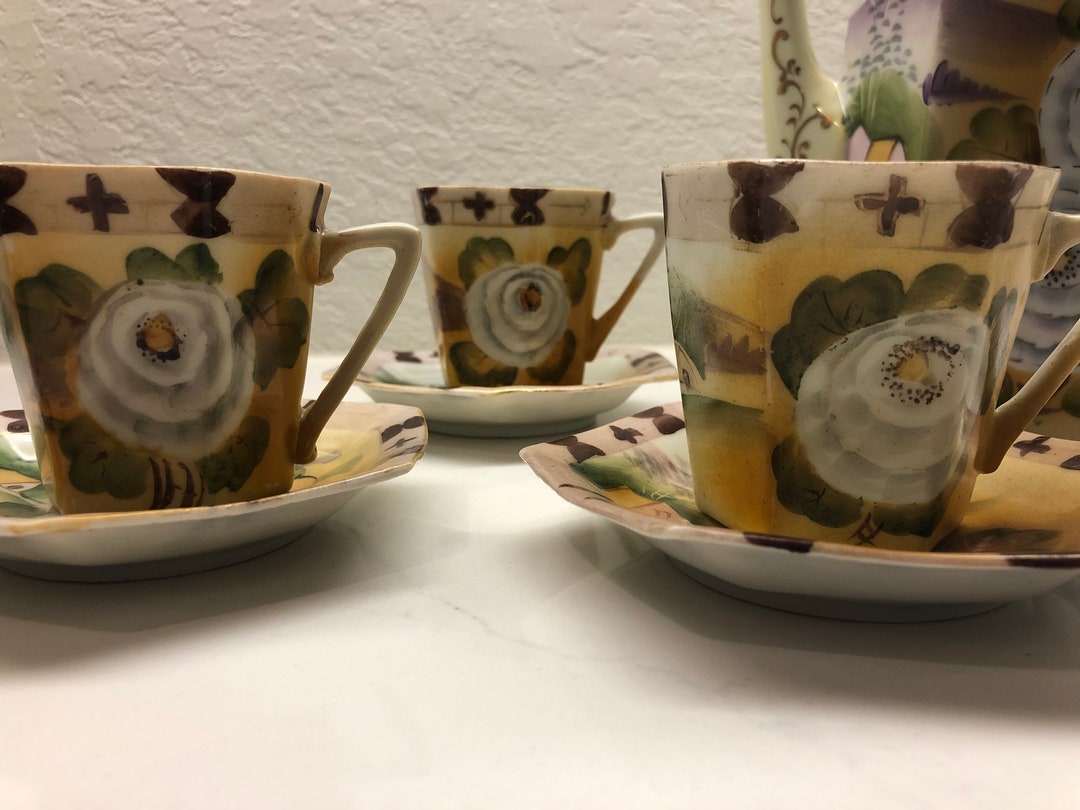 Nippon EOH China Hand Painted Tea Set Pot 3 Cups Saucers Etsy