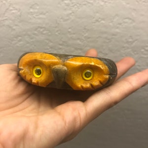 Alabaster Owl Ashtray Vintage Yellow Glass Eyes Preowned Used Collectable Stone Made in italy