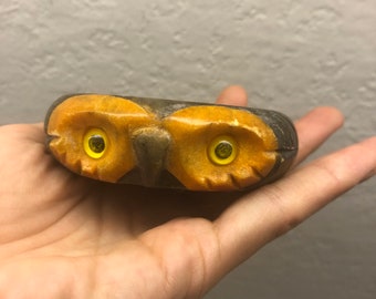 Alabaster Owl Ashtray Vintage Yellow Glass Eyes Preowned Used Collectable Stone Made in italy