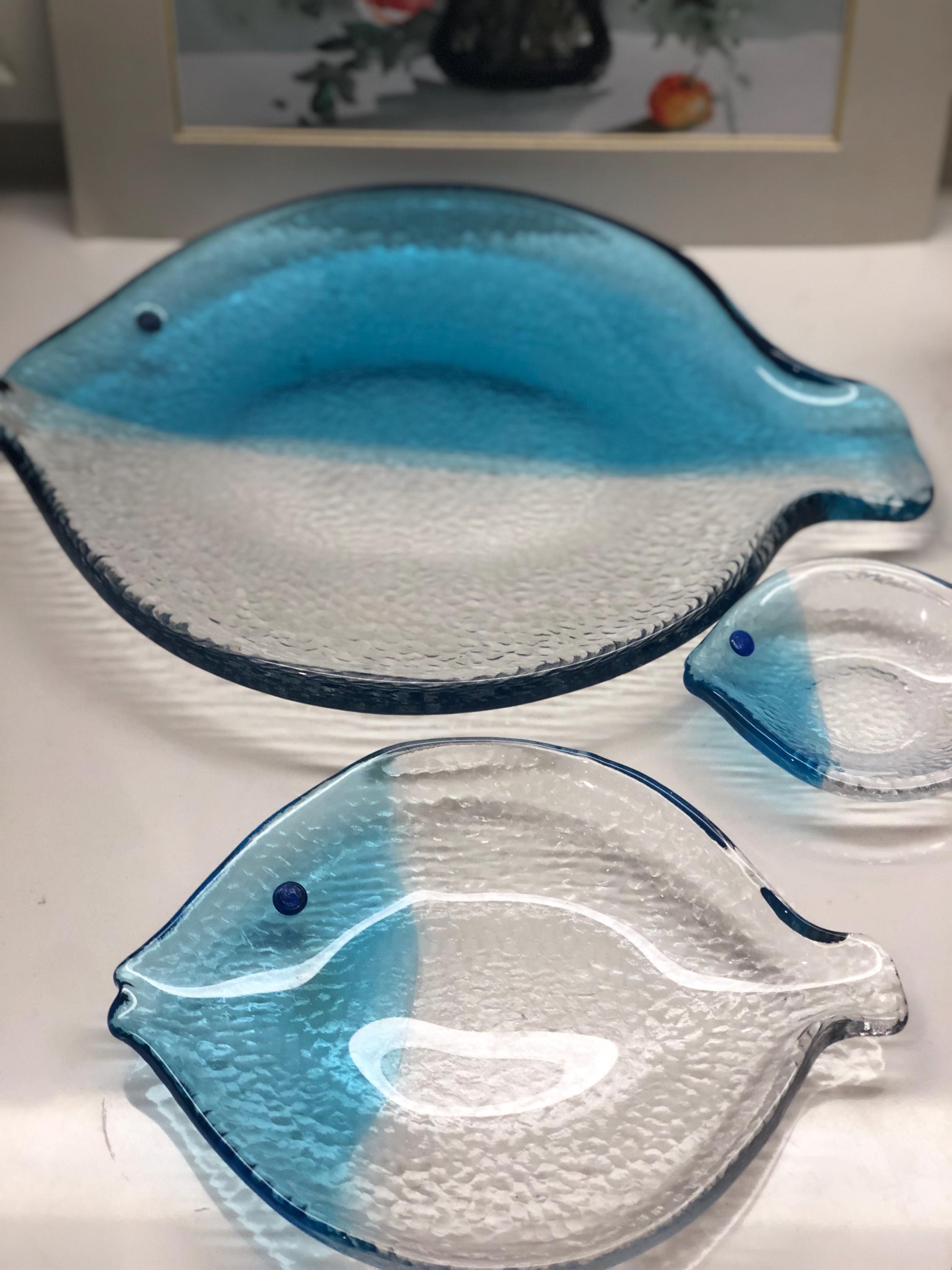 Vintage Zodax Fish Plate Blue & Clear Glass Serving Platter Made