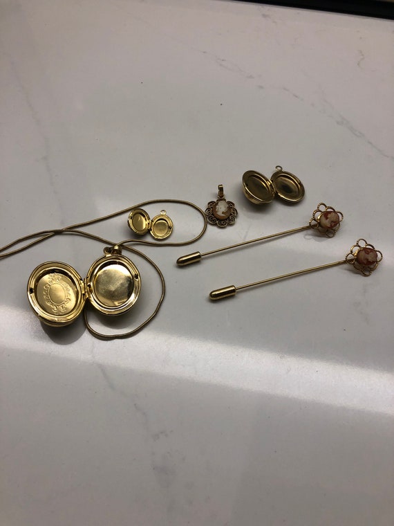 Vintage cameo lot necklace pendant pins gold tone… - image 7