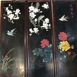 Vintage Asian Birds Lacquer Wood Wall Hanging Plaque Panel Large Carved