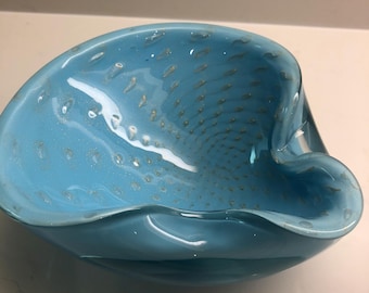 Alfredo Barbini Blue with Gold Flecks Bowl Ashtray Murano art glass gift