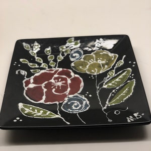 Signed pottery trinket dish plate flowers hand made