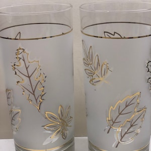 Conjunto de 8 copos Libbey foscos | Copos de bar vintage | Contorno dourado de folhas e faixa | Copos de coquetel retrô | Copos de fundo plano