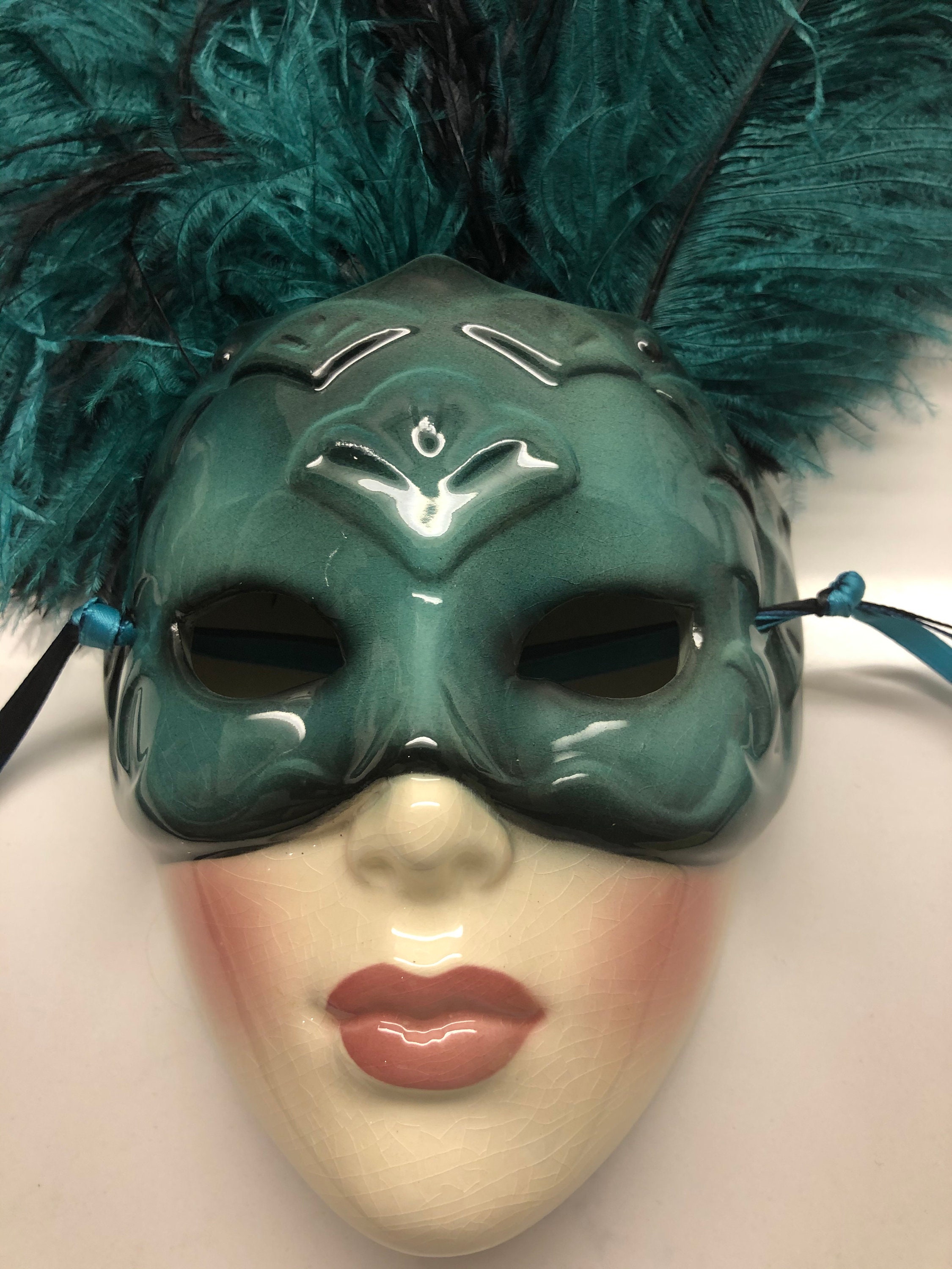 Authentic Masquerade Ceramic Full Face Feather Mask Vintage Made in USA