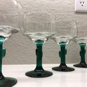 4 Cactus Stem Margarita Glasses Green Stem Clear Top