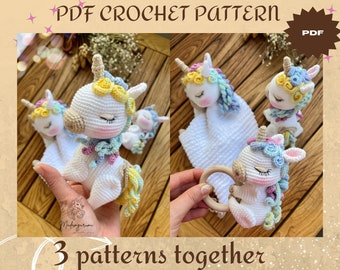 Unicorn Lovey Crochet Pattern: Baby Security Blanket & Rattle (PDF Tutorial)